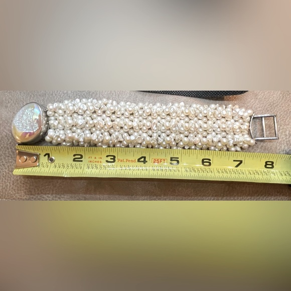 Woven freshwater pearl 925 sterling bracelet with huge druzy cabochon clasp. 7” - Picture 2 of 8